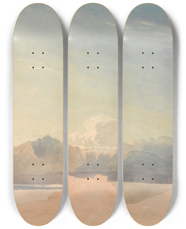 Triptych art skateboard deck of Cornelius Varley Study Near Harlech Castle by Cornelius Varley (1781-1873)