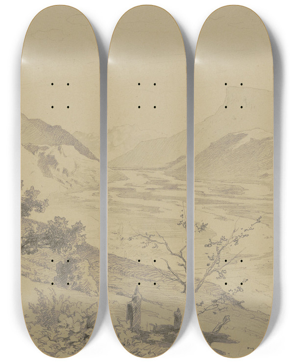 Triptych art skateboard deck of Karl Friedrich Harveng Weites Gebirgstal Mit Flulufen by Karl Friedrich Harveng (1832-1874)