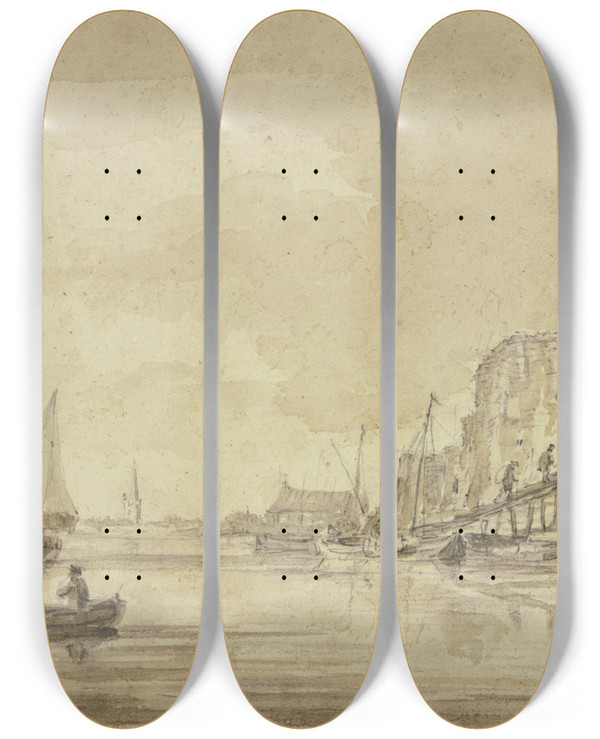 Triptych art skateboard deck of Hendrik Spilman An Einem Flusse Ein Kalkofen In Welchen Eine Pritsche Fhrt by Hendrik Spilman (1721-1784)