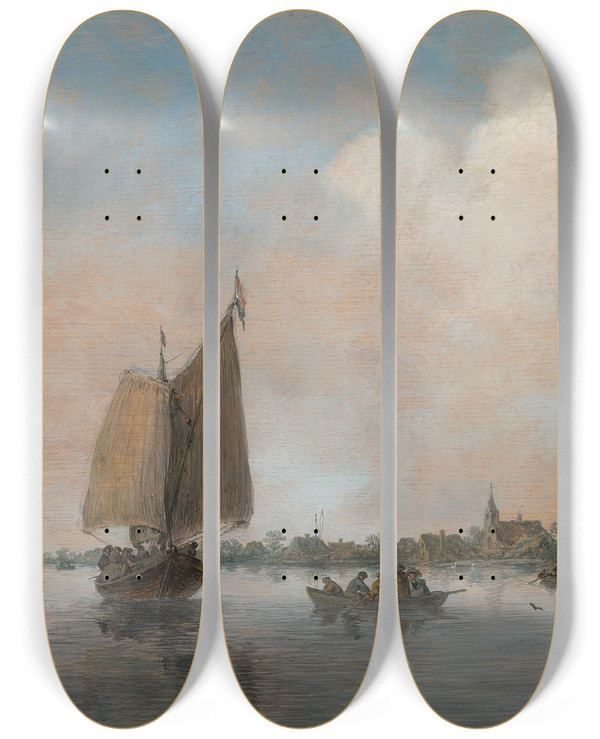 Triptych art skateboard deck of Jan Van Goyen River View by Jan Van Goyen (1596-1656)