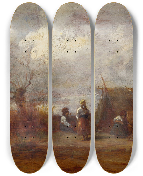 Triptych art skateboard deck of Gza Mszly Gypsy Camp by Geza Meszoly (1844-1887)