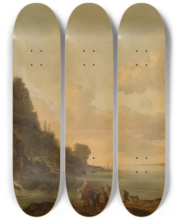 Triptych art skateboard deck of Simon De Vlieger Rocky Coast by Simon de Vlieger (1601-1653)