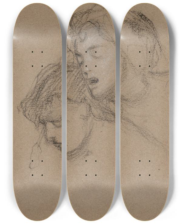 Triptych art skateboard deck of Herbert James Draper Female Nude Study For The Lament For Icarus_1 by Herbert James Draper (1864-1920)