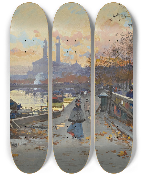 Triptych art skateboard deck of Eugne Galienlaloue Au Quai by Eugene Galien Laloue (1854-1941)