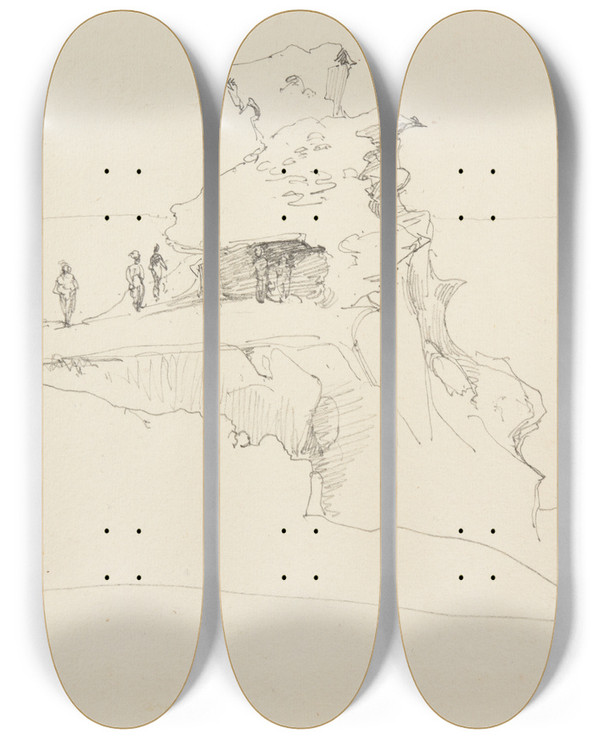 Triptych art skateboard deck of Jacquesraymond Brascassat Rocher Audessus Dun Lac by Jacques Raymond Brascassat (1804-1867)