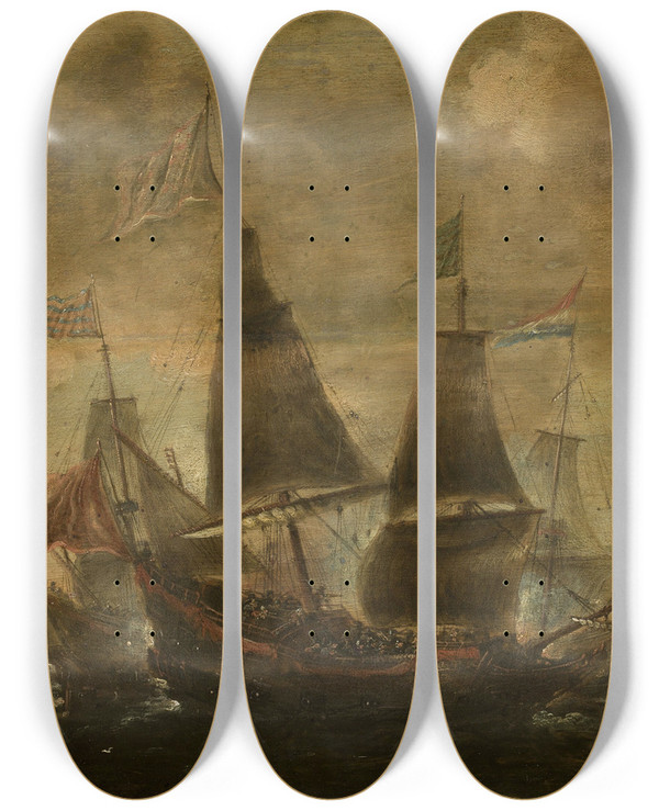 Triptych art skateboard deck of Aert Anthonisz Sea Battle_2 by Aert Anthonisz (1579-1620)
