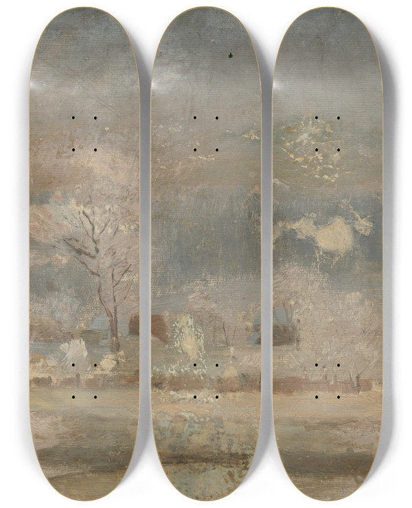 Triptych art skateboard deck of Ferdinand Katona Winter Landscape by Ferdinand Katona (1864-1932)