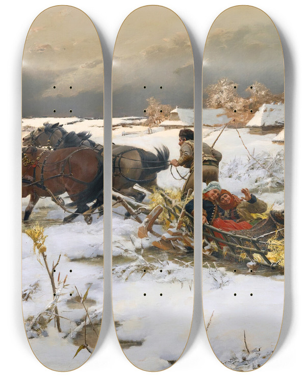 Triptych art skateboard deck of Jaroslav Vn The Sledge Ride by Jaroslav Vesin (1860-1915)