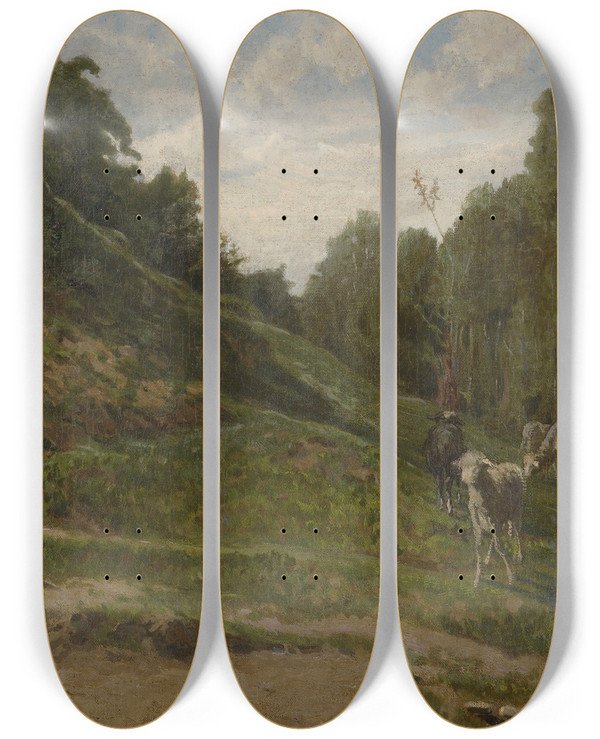 Triptych art skateboard deck of Charles Franois Daubigny Landscape With Sheep by Charles Francois Daubigny (1817-1878)