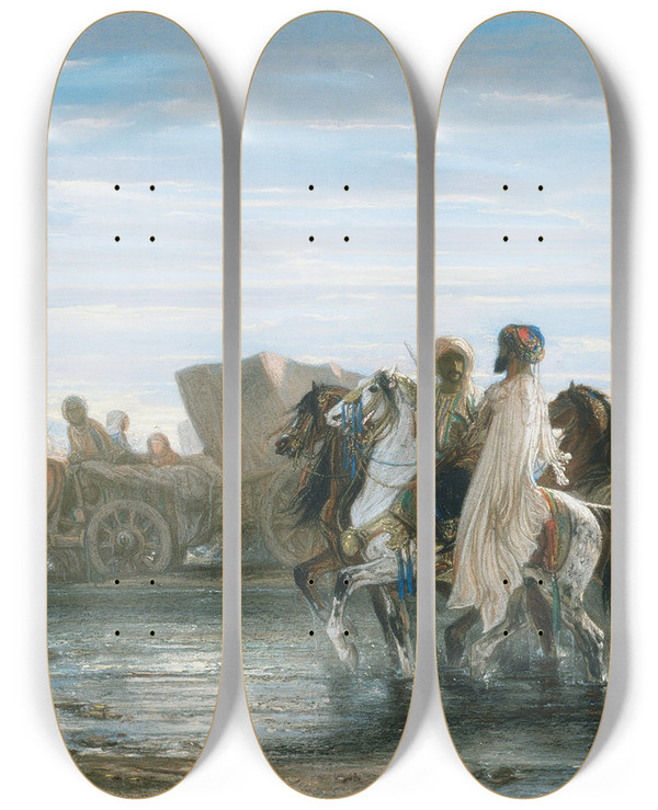 Triptych art skateboard deck of Alexandregabriel Decamps Fording A River by Alexandre-Gabriel Decamps (1803-1860)