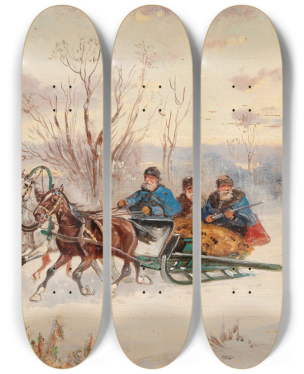Triptych art skateboard deck of Alfred Steinacker Winter Ride by Alfred Steinacker (1838-1914)