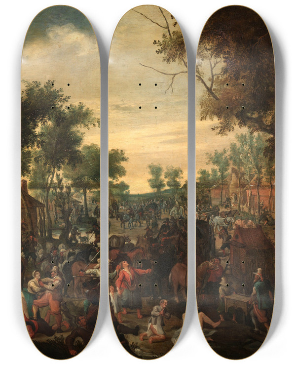Triptych art skateboard deck of Sebastian Vrancx Plundering Of A Hamlet by Sebastian Vrancx (1573-1647)