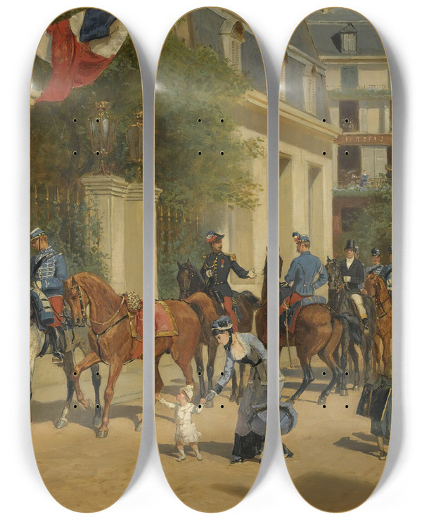 Triptych art skateboard deck of Jules Voirin Defile Sur Une Rue De Paris by Jules Voirin (1833-1887)