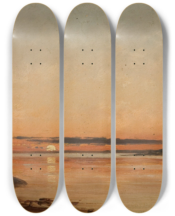 Triptych art skateboard deck of Amaldus Nielsen Solnedgang Ved Fredrikstad by Amaldus Nielsen (1838-1932)