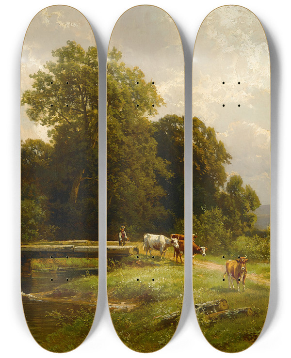 Triptych art skateboard deck of Carl Weber Driving The Cattle Home by Carl Weber (1850-1921)