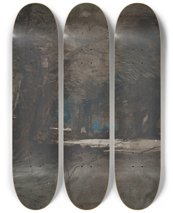 Triptych art skateboard deck of William James Mller A Woodland Scene At Dusk by William James Muller (1812-1845)