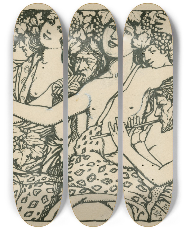 Triptych art skateboard deck of Arthur E Becher Bacchanal Scene by Arthur E Becher (1877-1960)