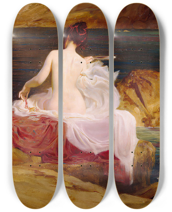 Triptych art skateboard deck of Herbert James Draper Calypso Island by Herbert James Draper (1864-1920)