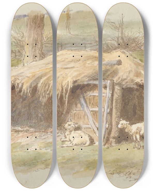 Triptych art skateboard deck of Alfred W Cooper Lambing Time by Alfred W Cooper