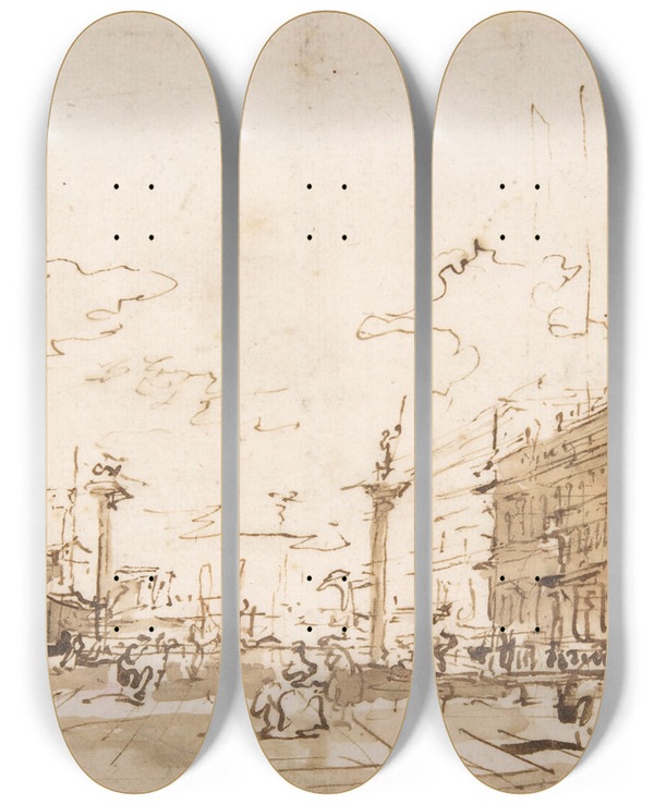 Triptych art skateboard deck of Francesco Guardi The Piazzetta Looking Toward San Giorgio Maggiore by Francesco Guardi (1712-1793)
