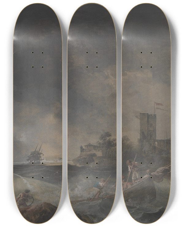 Triptych art skateboard deck of Claudejoseph Vernet Storm by Claude Joseph Vernet (1714-1789)