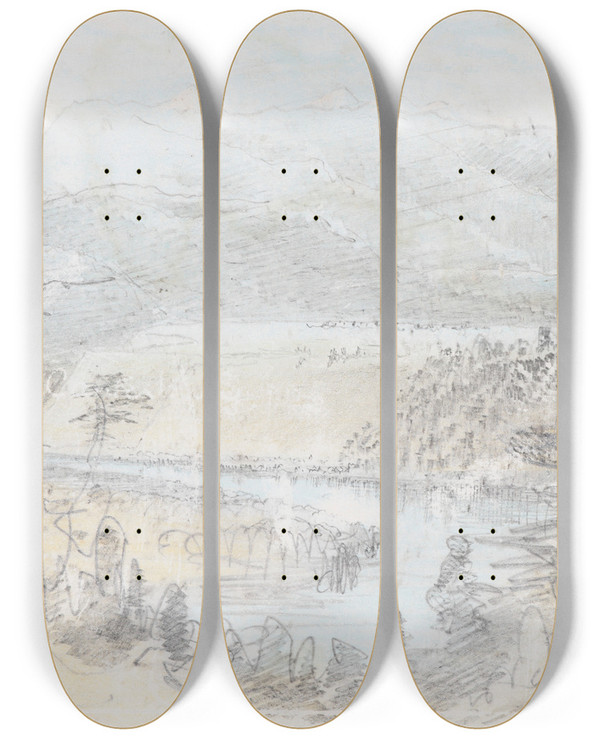 Triptych art skateboard deck of Nicholas Chevalier Waimakariri River by Nicholas Chevalier (1828-1902)