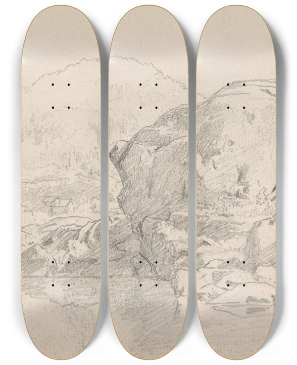 Triptych art skateboard deck of Hans Gude Fra Krager by Hans Gude (1825-1903)