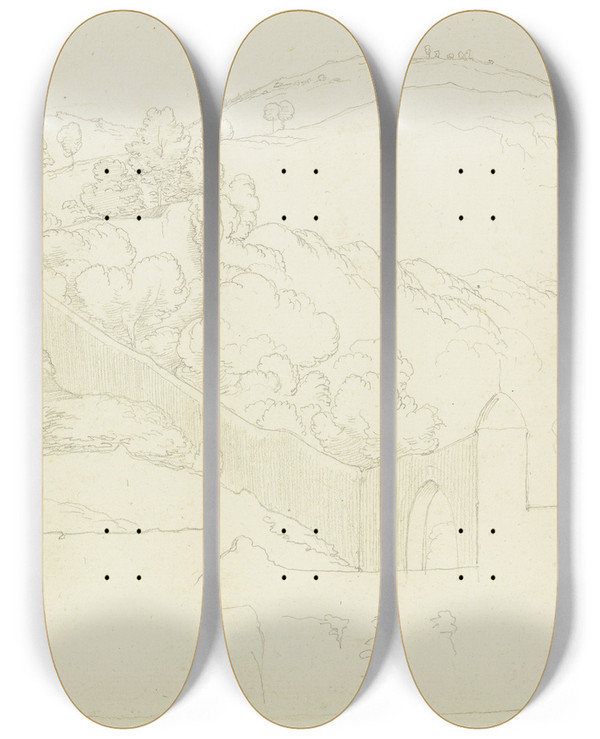 Triptych art skateboard deck of Fritz Bamberger Area Near Subiaco by Fritz Bamberger (1814-1873)