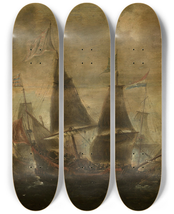Triptych art skateboard deck of Aert Anthonisz Sea Battle_1 by Aert Anthonisz (1579-1620)