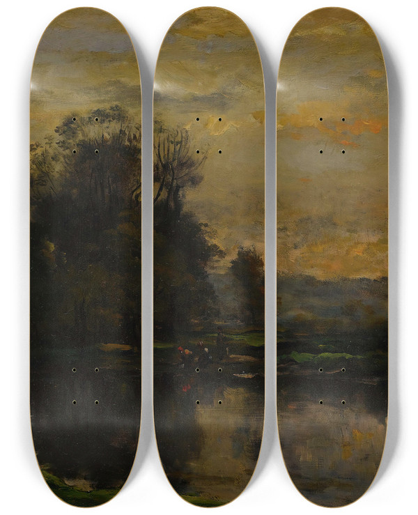 Triptych art skateboard deck of Charles Franois Daubigny Landscape With Ducks by Charles Francois Daubigny (1817-1878)
