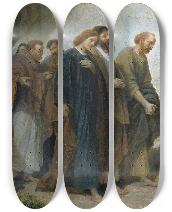 Triptych art skateboard deck of Johannes Adam Simon Oertel Going Down To Gethsemane by Johannes Adam Simon Oertel (1823-1909)