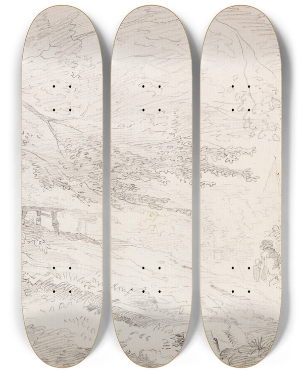 Triptych art skateboard deck of Wilhelm Busch Landschaft Mit Maler by Wilhelm Busch (1832-1908)
