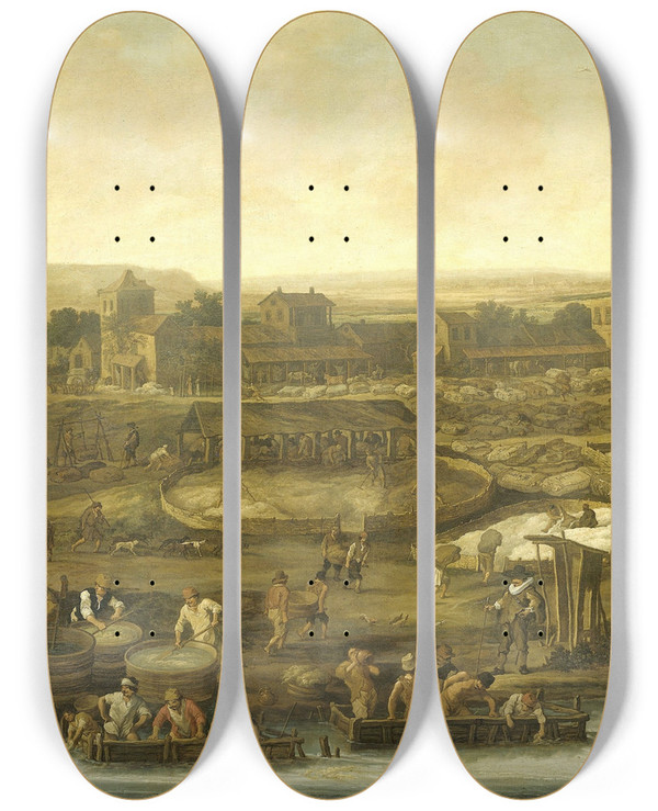 Triptych art skateboard deck of Pieter De Molijn Wool Making by Pieter de Molijn (1595-1661)