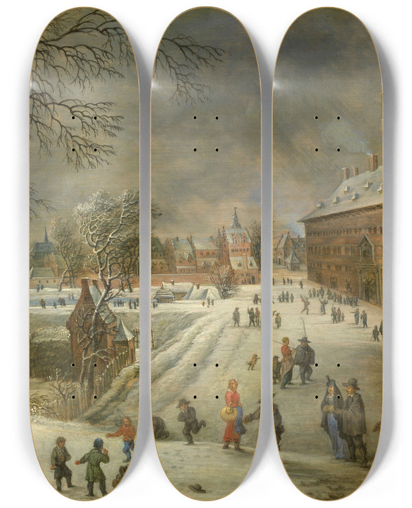 Triptych art skateboard deck of Lucas Van Uden The Oosterhuis In Antwerp by Lucas Van Uden (1595-1672)