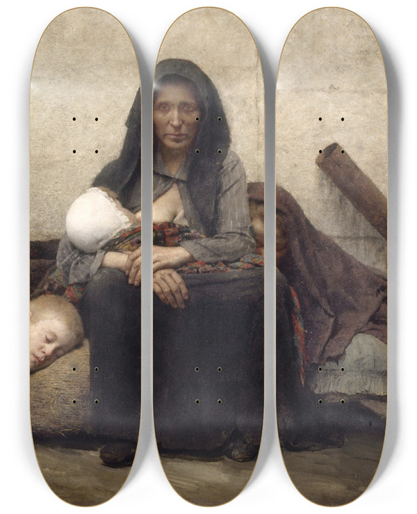Triptych art skateboard deck of Fernand Pelez Sans Asile by Fernand Pelez (1843-1913)