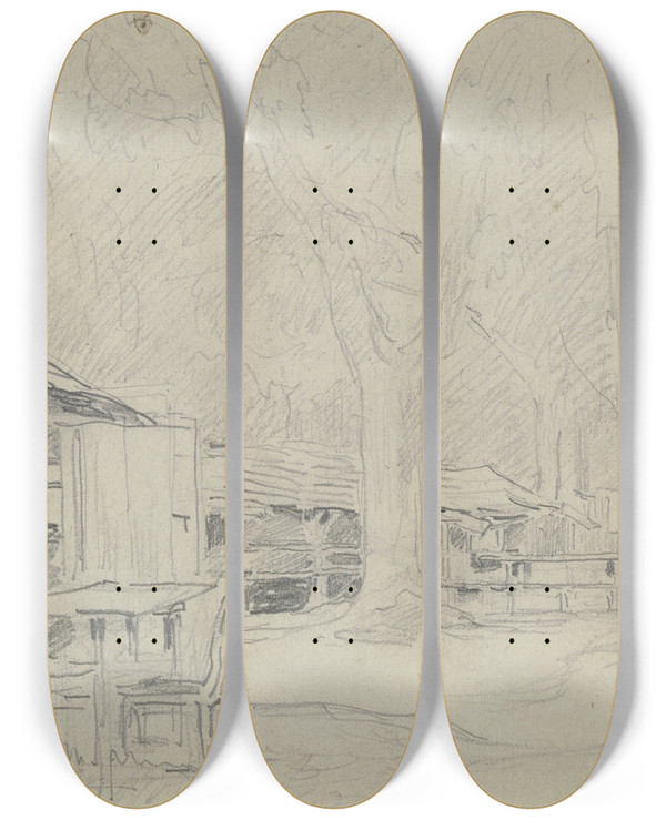 Triptych art skateboard deck of Anton Burger Chestnut Trees by Anton Burger (1824-1905)