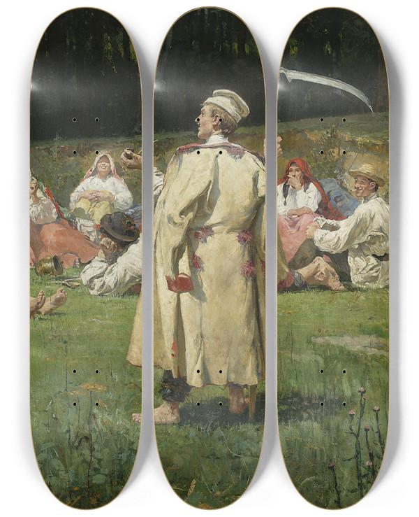 Triptych art skateboard deck of Wincenty Wodzinowski Harvesters Resting by Wincenty Wodzinowski (1866-1940)