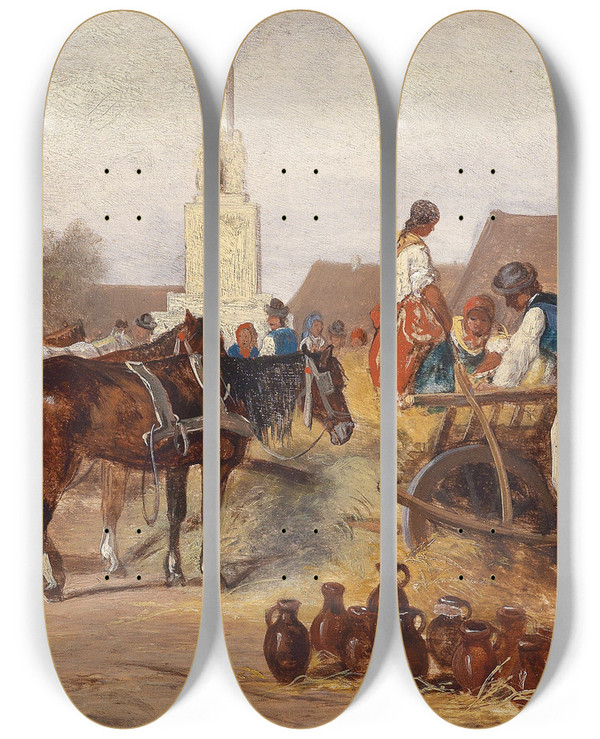 Triptych art skateboard deck of Alfred Steinacker Am Tpfermarkt by Alfred Steinacker (1838-1914)