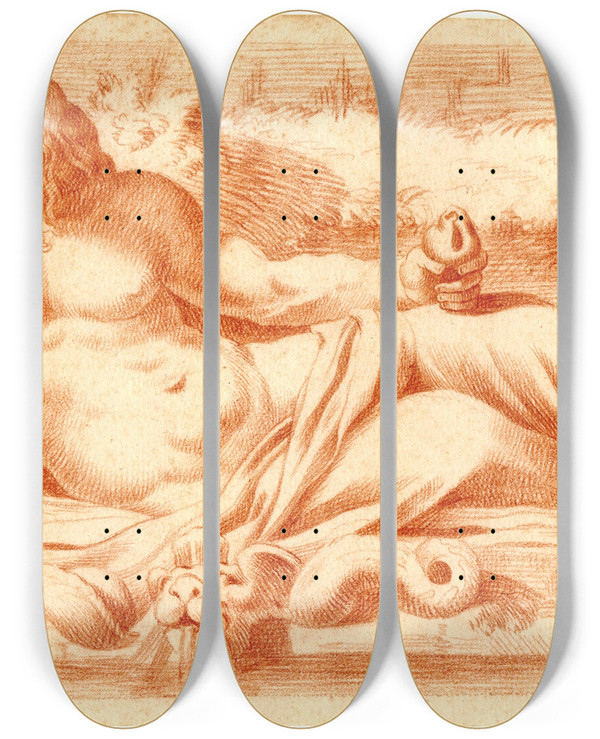 Triptych art skateboard deck of Cornelis Pronk Beeld Van Een Riviergod_1 by Cornelis Pronk (1691-1759)