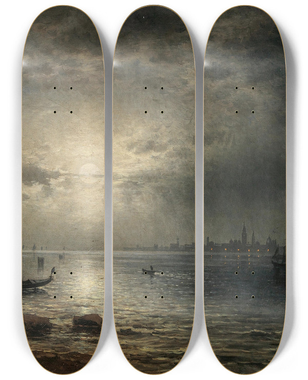 Triptych art skateboard deck of Karl Heilmayer Vollmond Ber Der Lagune Von Venedig by Karl Heilmayer (1829-1908)