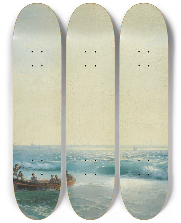 Triptych art skateboard deck of Ivan Konstantinovich Aivazovsky Sailors Coming Ashore by Ivan Konstantinovich Aivazovsky (1817-1900)