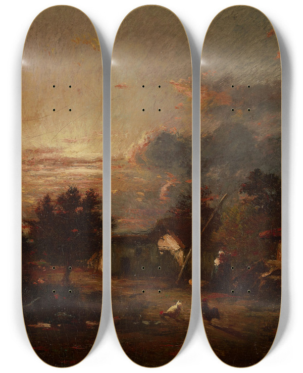 Triptych art skateboard deck of Jules Dupr Village Scene Sunset by Jules Dupre (1811-1889)