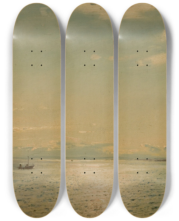 Triptych art skateboard deck of Amaldus Nielsen Solskinnsstemning Hvaler by Amaldus Nielsen (1838-1932)