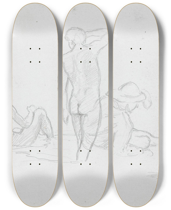 Triptych art skateboard deck of Hans Gude Badende Menn Og Gutter by Hans Gude (1825-1903)