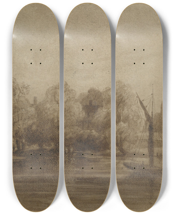 Triptych art skateboard deck of John Varley A Putney Bridge by John Varley (1778-1842)