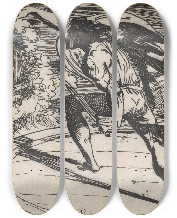 Triptych art skateboard deck of Alexander Runciman Cormar And The Furies by Alexander Runciman (1736-1785)