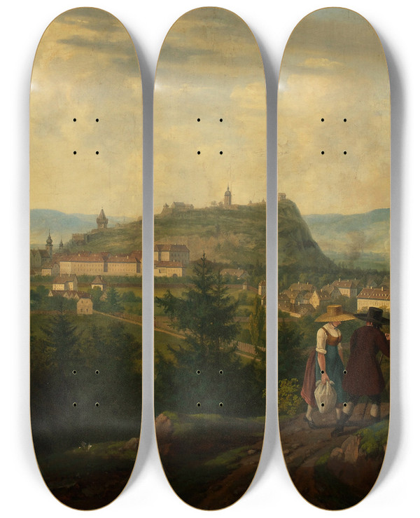 Triptych art skateboard deck of Alois Von Saar Graz Mit Schlossberg by Alois Von Saar (1779-1840)
