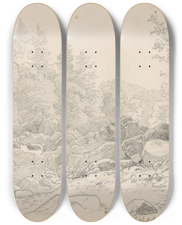 Triptych art skateboard deck of Hans Gude Ved River Llugwy by Hans Gude (1825-1903)