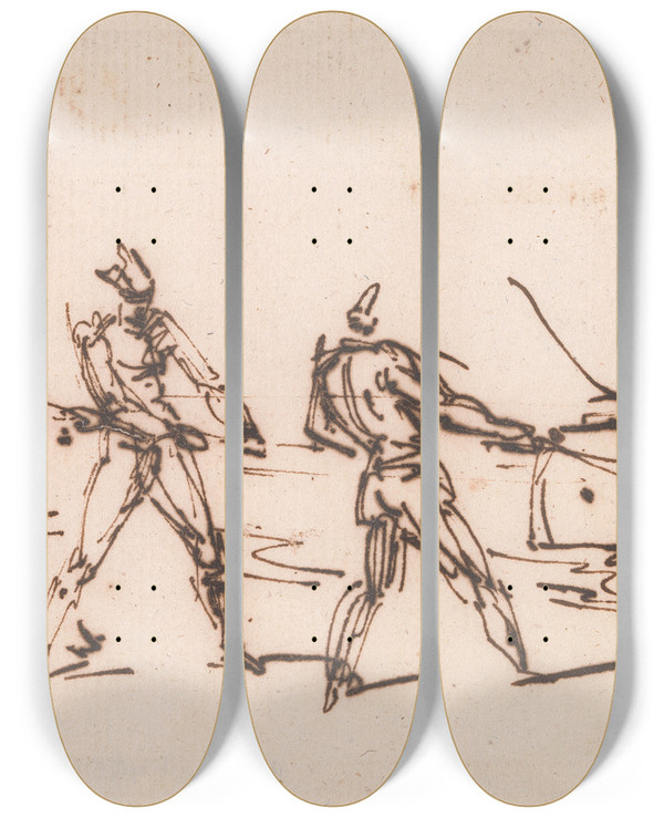 Triptych art skateboard deck of George Chinnery Natives Hauling A Boat by George Chinnery (1774-1852)