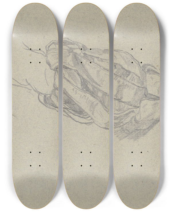 Triptych art skateboard deck of Julius Hamel Gewandstudie Zum Bauernkrieg by Julius Hamel (1834-1907)